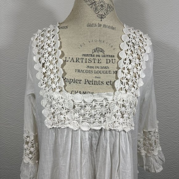 White Crochet neckline hem and sleeve insets BoHo Shabby Chic Tunic - Picture 2 of 7